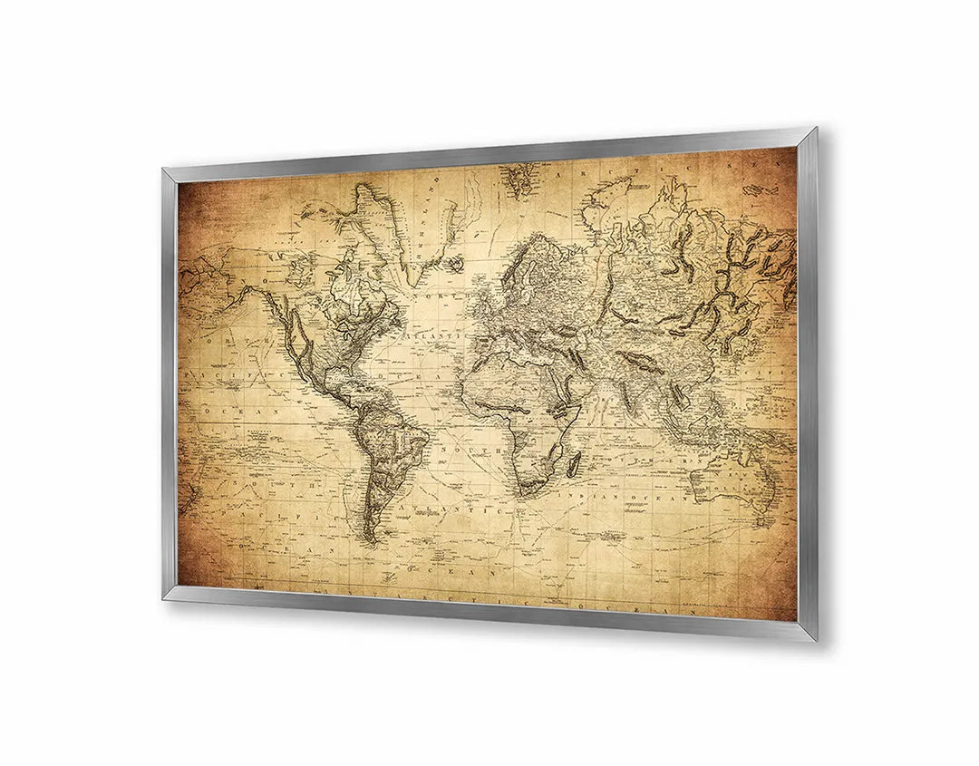 Metalen Magneetbord met afbeelding van oude wereldkaart met textuur in verweerd beige kleuren