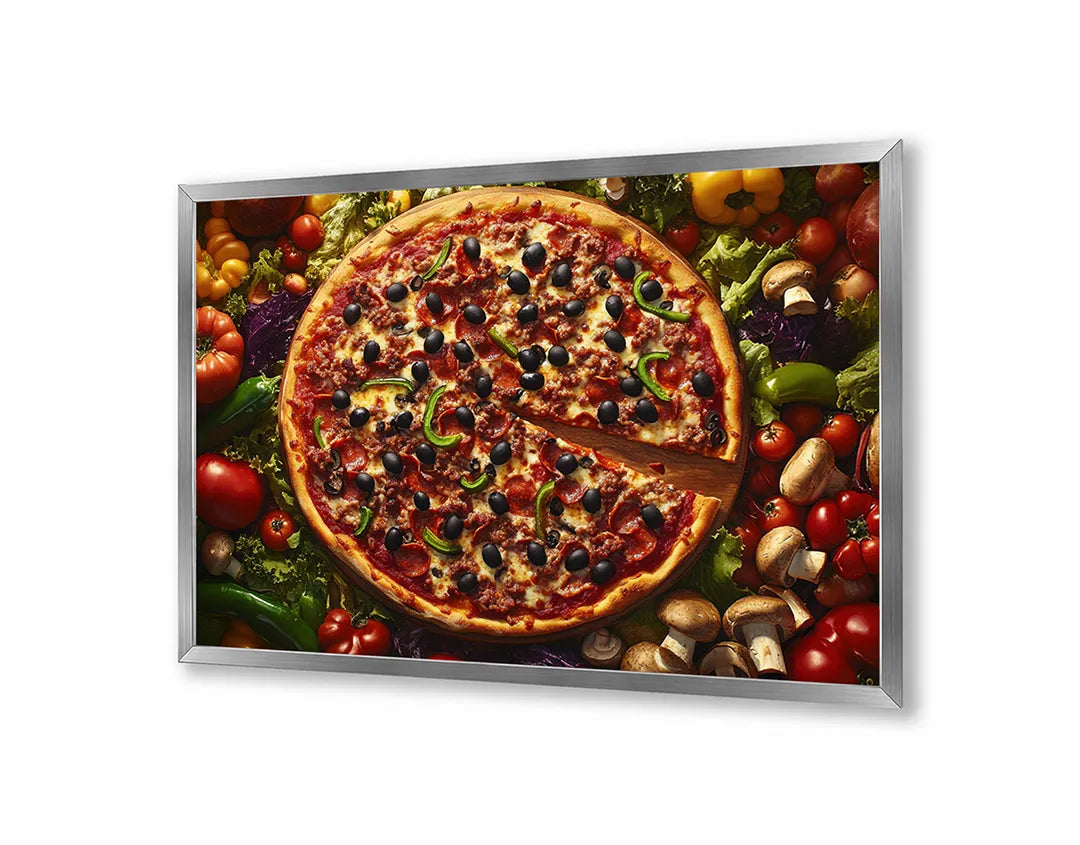Metalen Magneetbord met hoogwaardige afbeelding van Pizza met groenten bovenaanzicht voor aan de muur