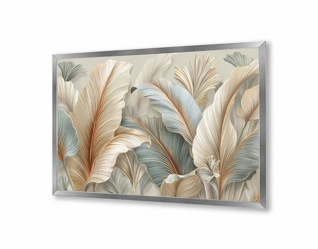 Metalen Magneetbord met hoogwaardige afbeelding van Grote veren bladeren 3D wit goud voor aan de muur