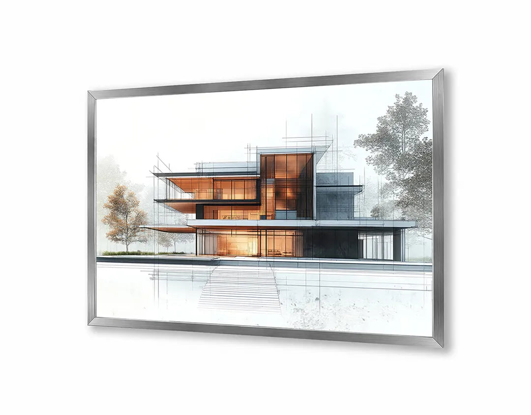Metalen Magneetbord met hoogwaardige afbeelding van Modern huis architectuur waterkant voor aan de muur