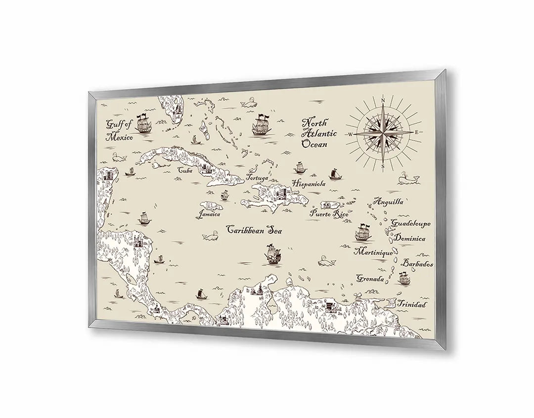 Metalen Magneetbord met afbeelding van nautische historische landkaart met schepen in klassiek perkament kleuren