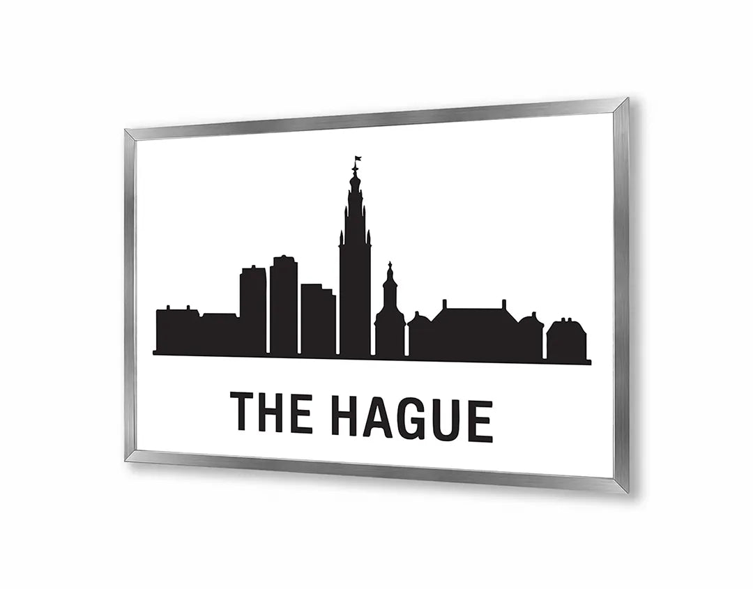Metalen Magneetbord met hoogwaardige afbeelding van The Hague skyline zwart wit voor aan de muur