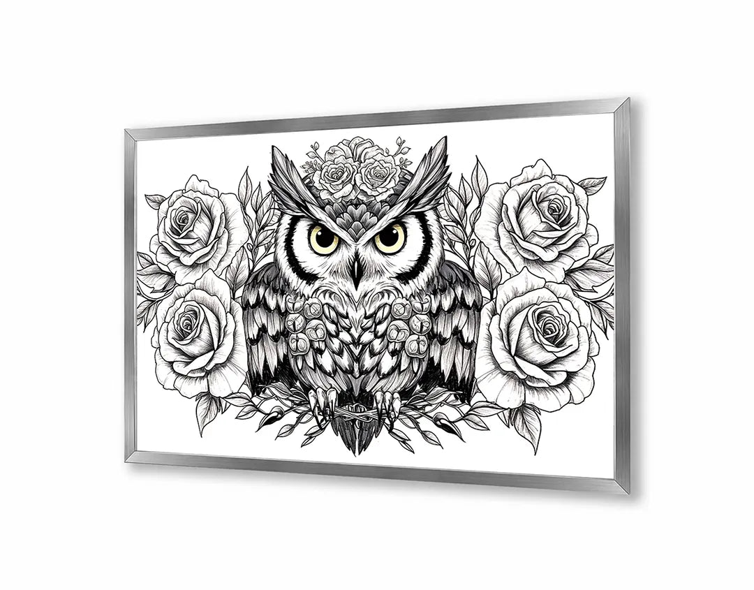 Metalen Magneetbord met hoogwaardige afbeelding van Uil illustratie met bloemen voor aan de muur