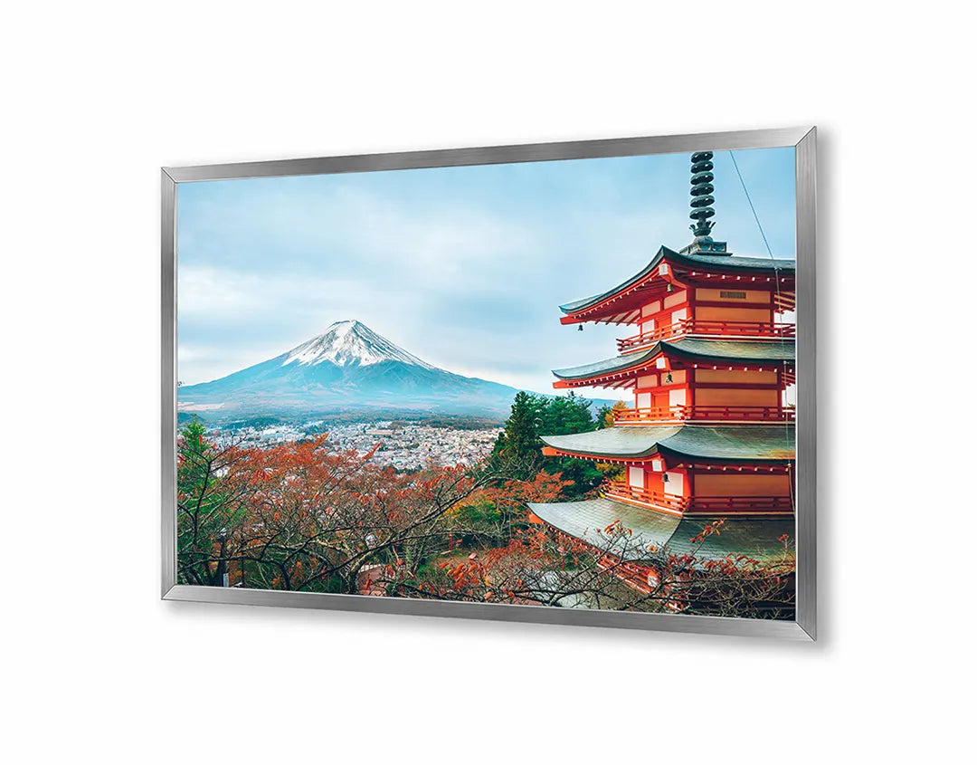 Metalen Magneetbord met afbeelding van Mount Fuji en pagode in de herfst in rood en blauw kleuren