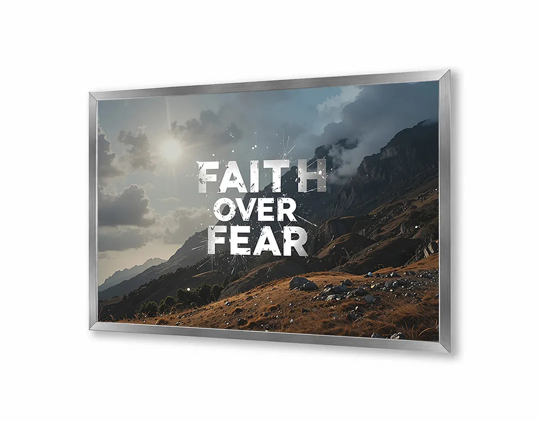 Metalen Magneetbord met hoogwaardige afbeelding van Faith over fear bergen landschap voor aan de muur