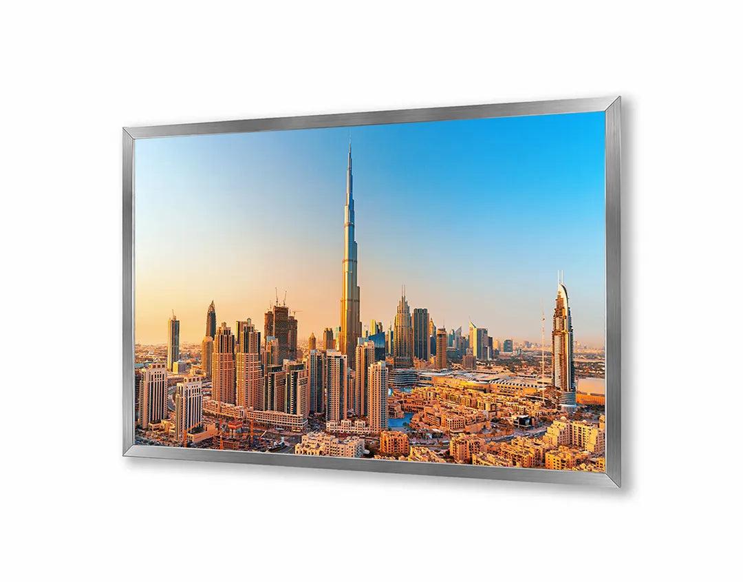 Metalen Magneetbord met afbeelding van Dubai skyline bij zonsondergang in warm goud kleuren