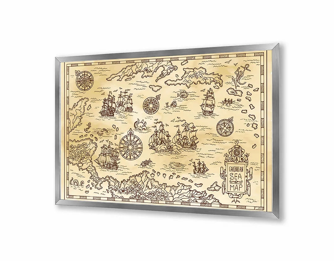 Metalen Magneetbord met afbeelding van oude piraten schatkaart in verweerd bruin kleuren