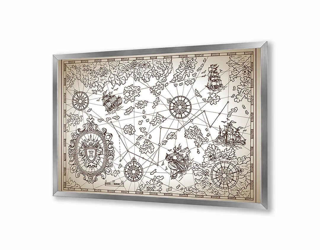 Metalen Magneetbord met afbeelding van tekeningen van piratenkaart elementen in sepia en bruin kleuren