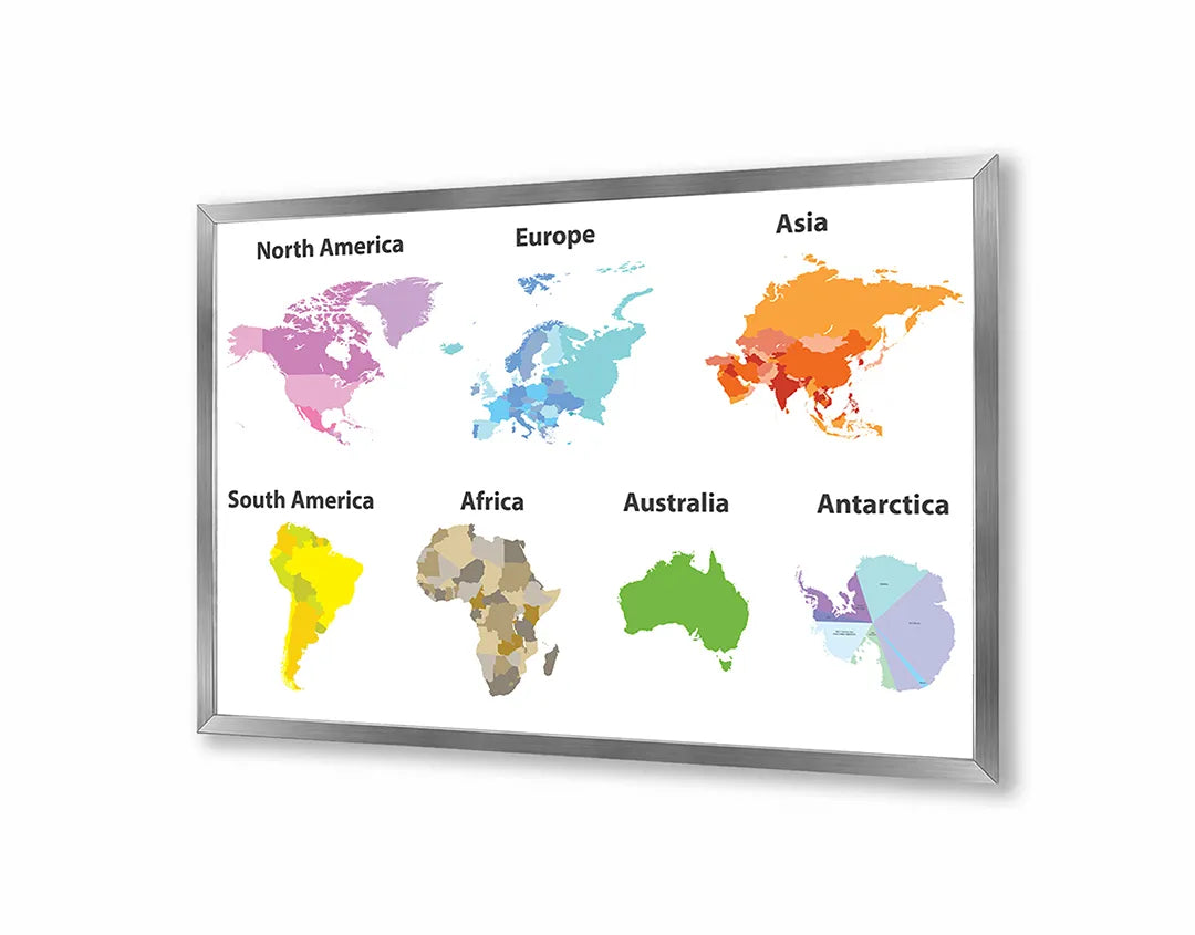 Metalen Magneetbord met afbeelding van kleurrijke werelddelen kaart in heldere kleuren kleuren