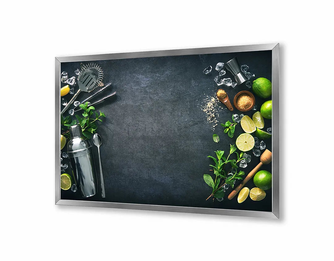 Metalen Magneetbord met afbeelding van verse groenten op een donkere achtergrond in groen en donkergrijs kleuren