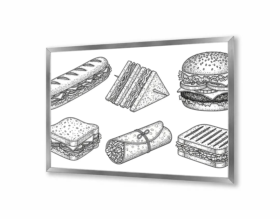 Metalen Magneetbord met print van Broodjes en snacks schets perfect als decoratie