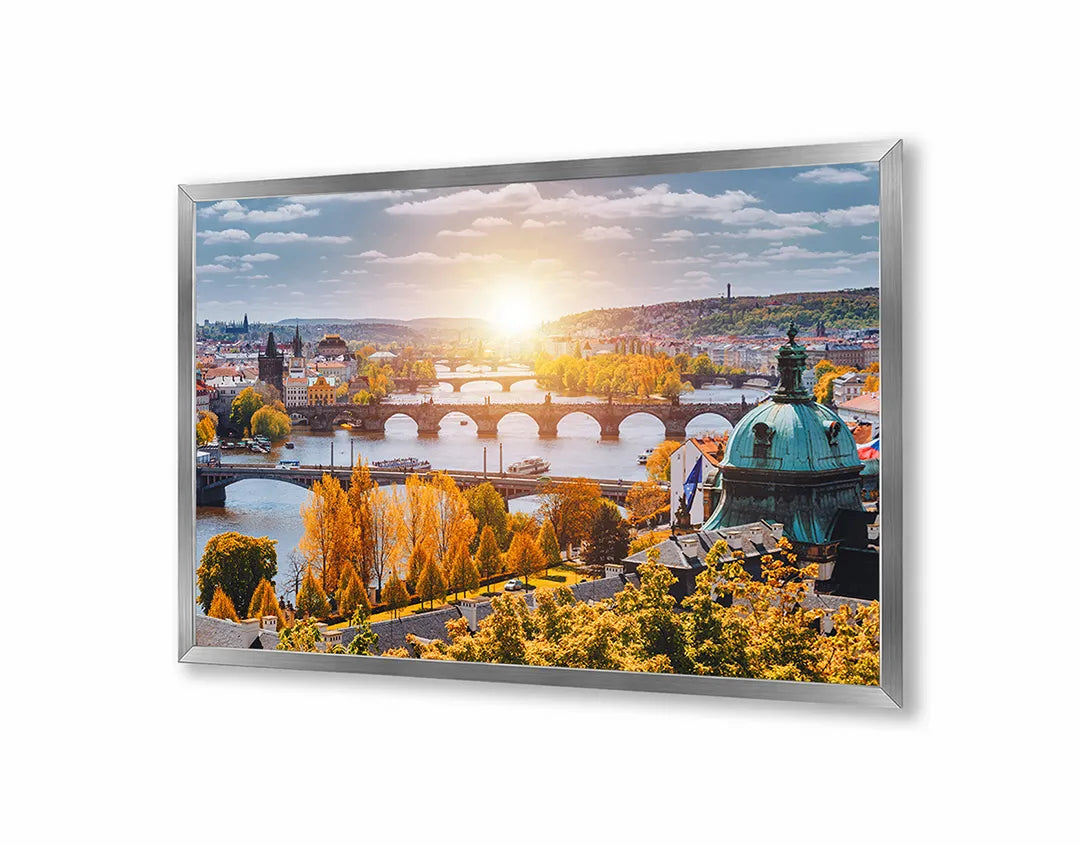 Metalen Magneetbord met afbeelding van zonsondergang over een brug in Praag in warm stadslicht kleuren