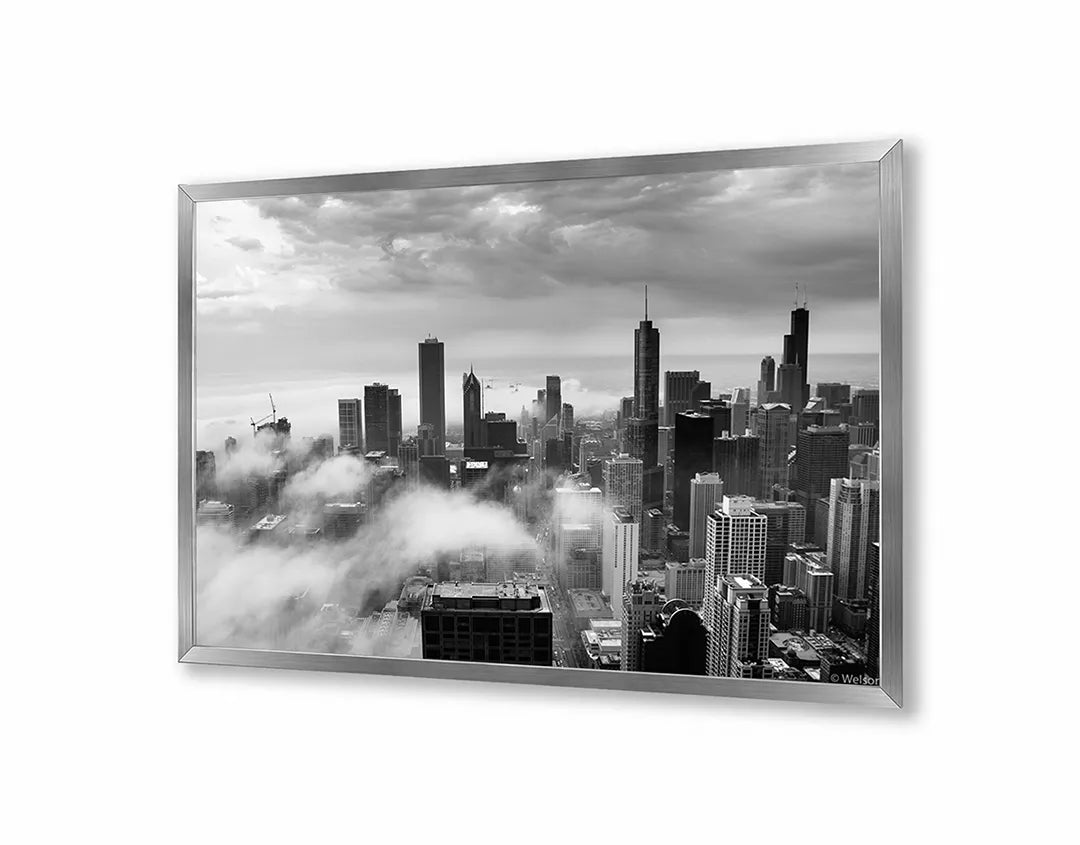 Metalen Magneetbord met afbeelding van New York skyline boven de wolken in zwart-wit kleuren