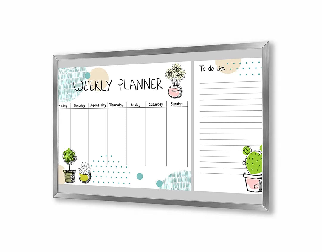 Metalen Magneetbord met afbeelding van weekplanner met schattige cactussen in wit met pastel groen kleuren