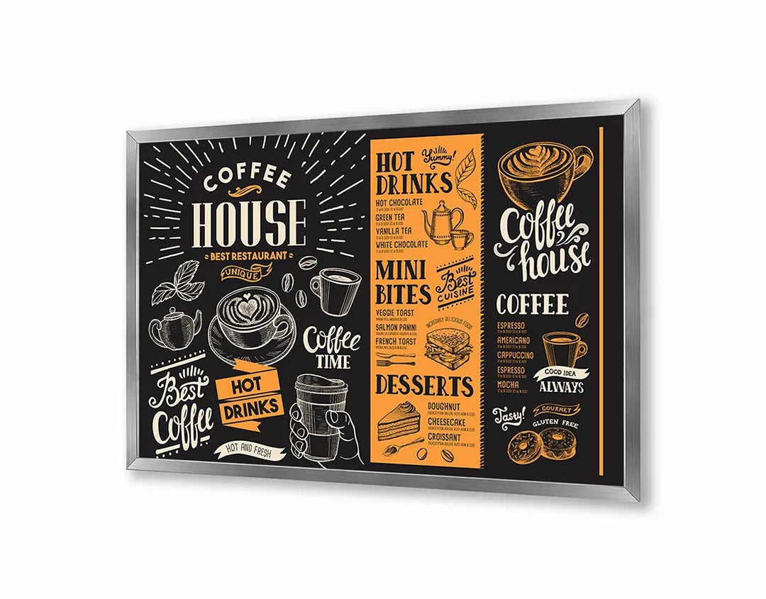 Metalen Magneetbord met afbeelding van koffiehuis krijtbord menu in zwart en oranje kleuren