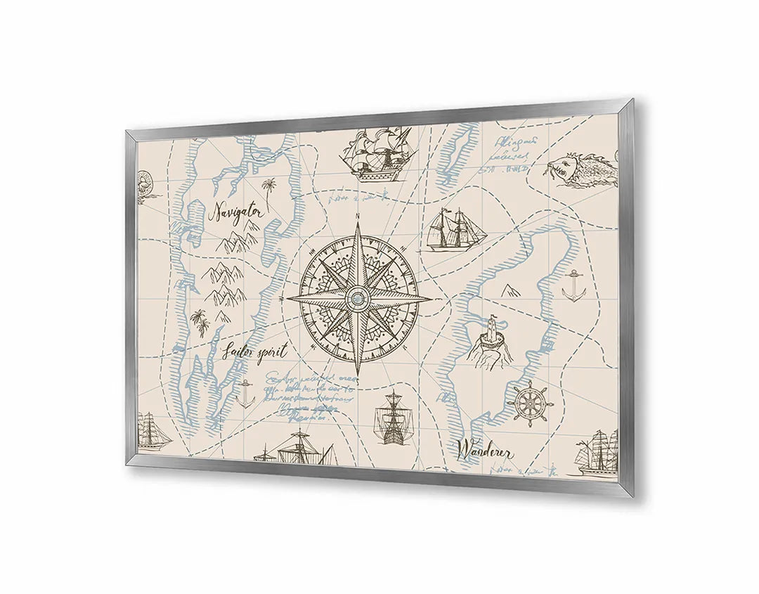 Metalen Magneetbord met afbeelding van vintage maritiem kompas met kaart in oud perkament kleuren