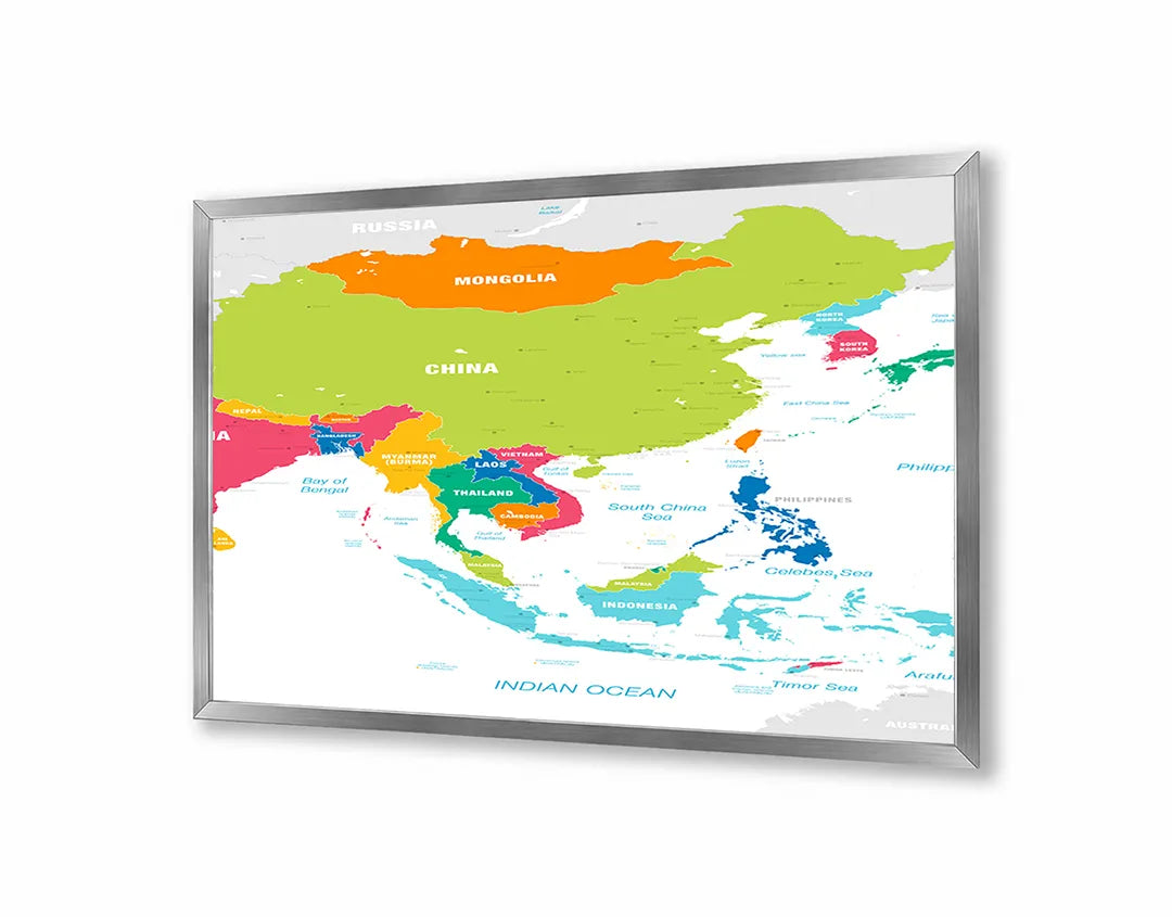 Metalen Magneetbord met afbeelding van kleurrijke landenkaart van Azië in diverse heldere kleuren kleuren