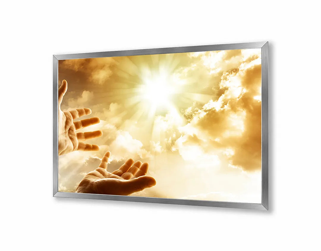 Metalen Magneetbord met afbeelding van handen reikend naar de zon in goud en geel kleuren