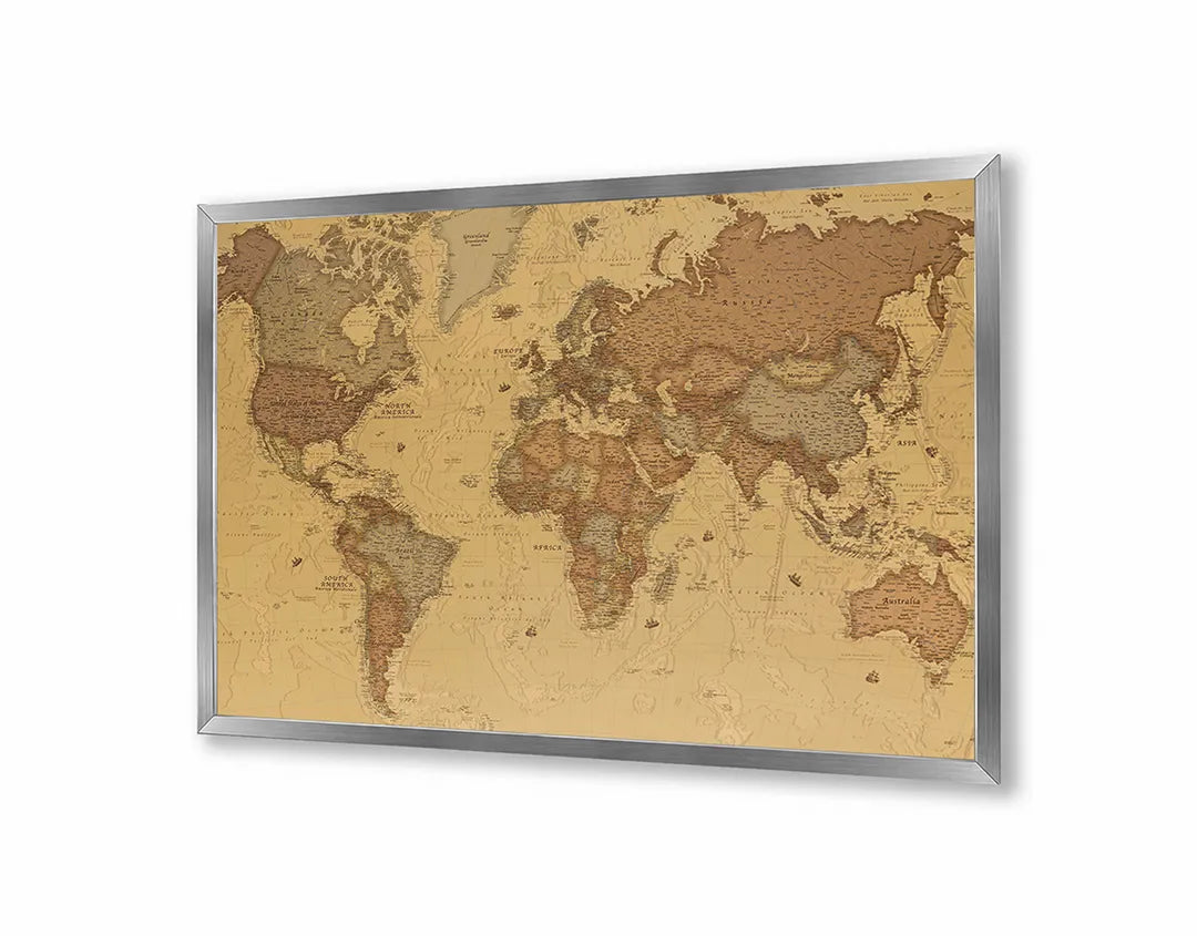 Metalen Magneetbord met afbeelding van klassieke wereldkaart in warm bruin kleuren