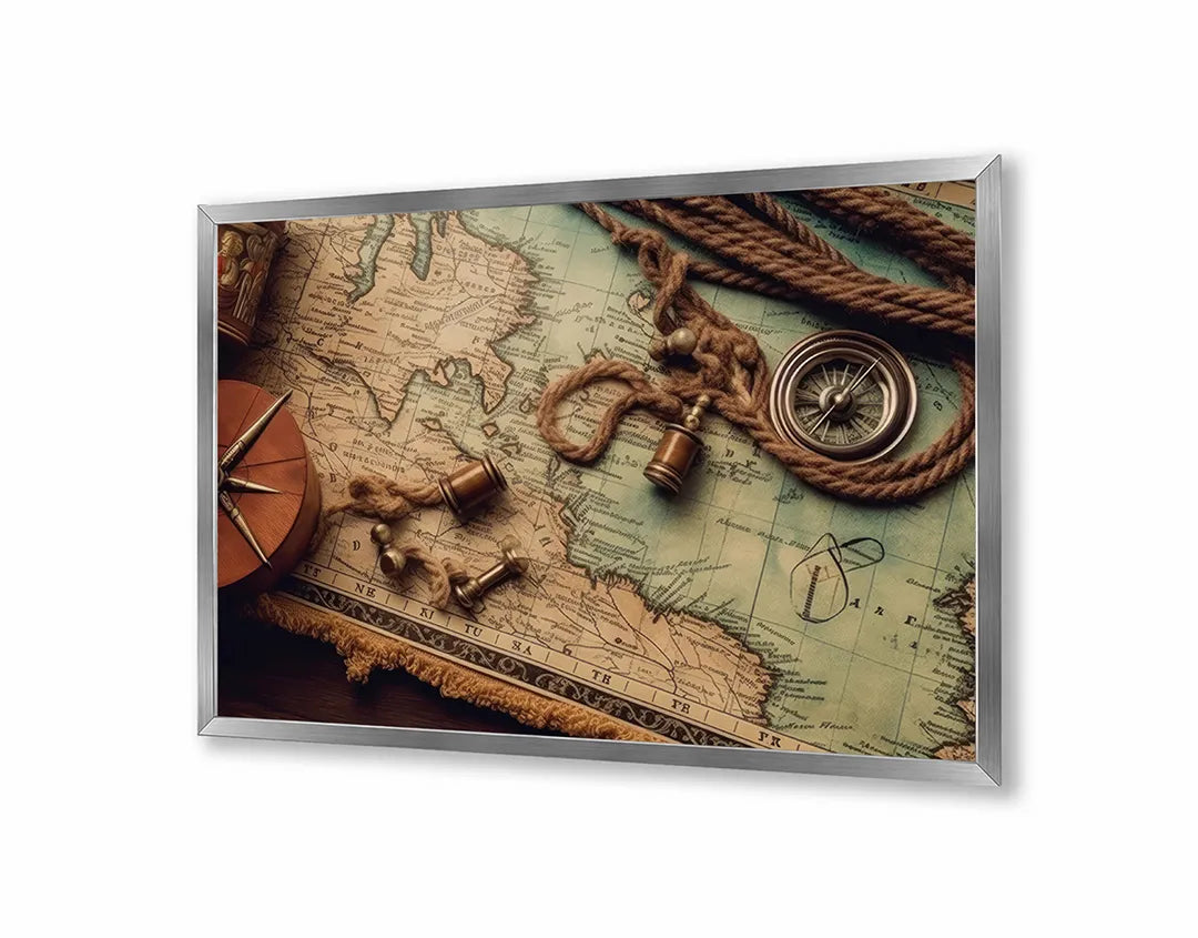 Metalen Magneetbord met print van Wereldkaart hout kompas perfect als decoratie