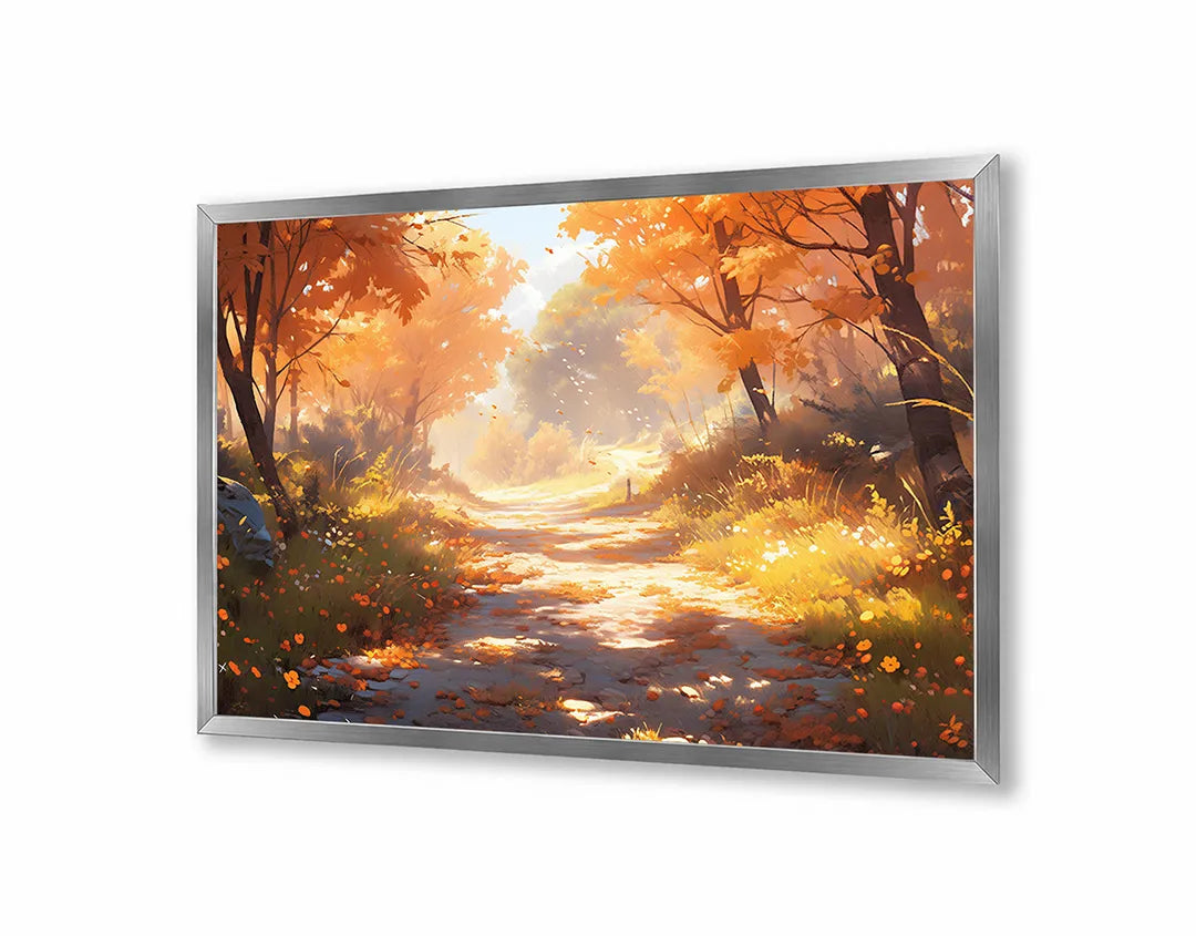 Metalen Magneetbord met print van Herfstbos pad zonsondergang perfect als decoratie