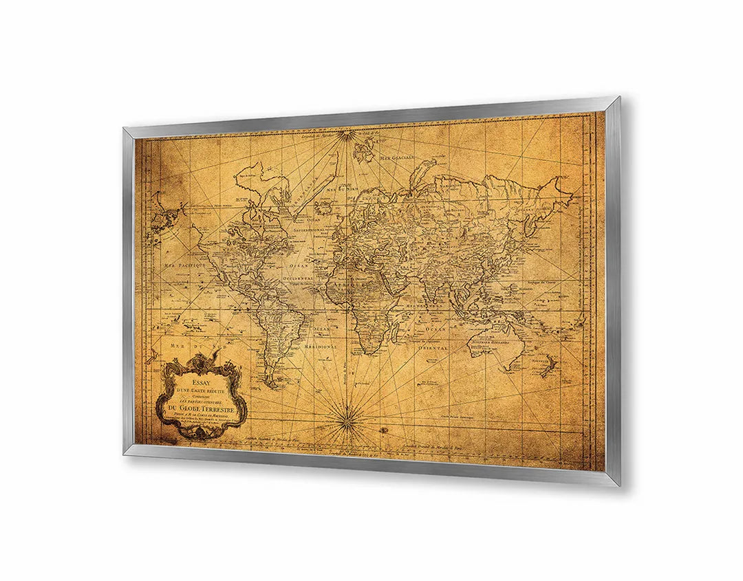 Metalen Magneetbord met afbeelding van verweerde vintage wereldkaart in geel en bruin kleuren