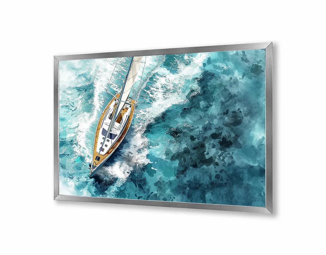Metalen Magneetbord met hoogwaardige afbeelding van Bootje van bovenaf oceaan voor aan de muur