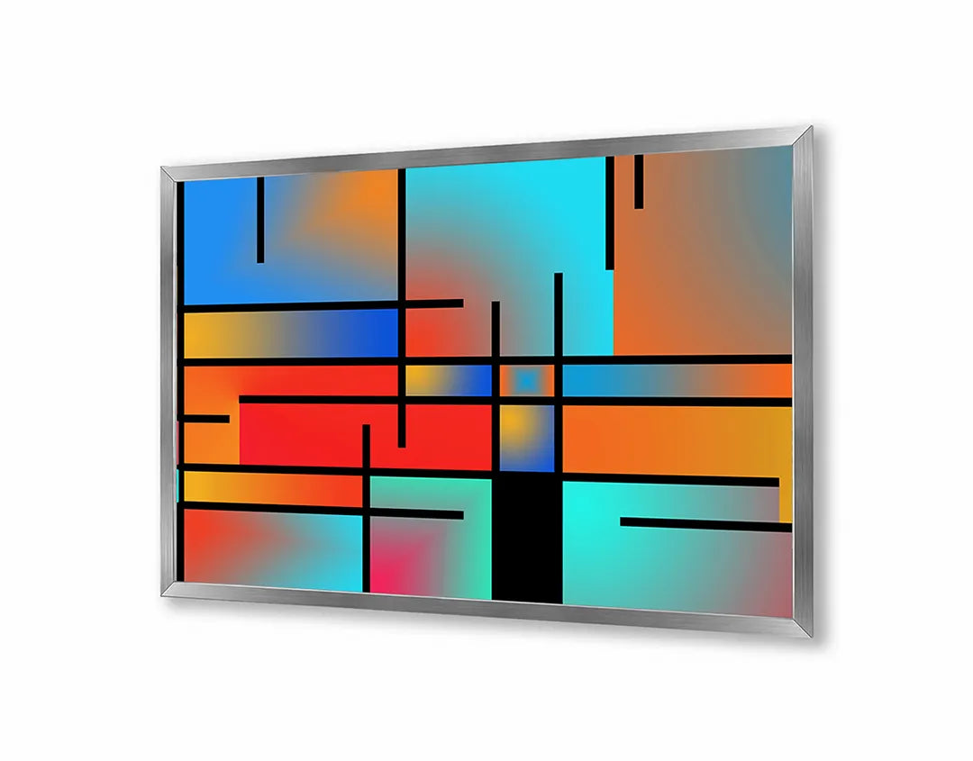Metalen Magneetbord met afbeelding van abstracte Mondriaan stijl vlakken in rood, geel, blauw, zwart kleuren
