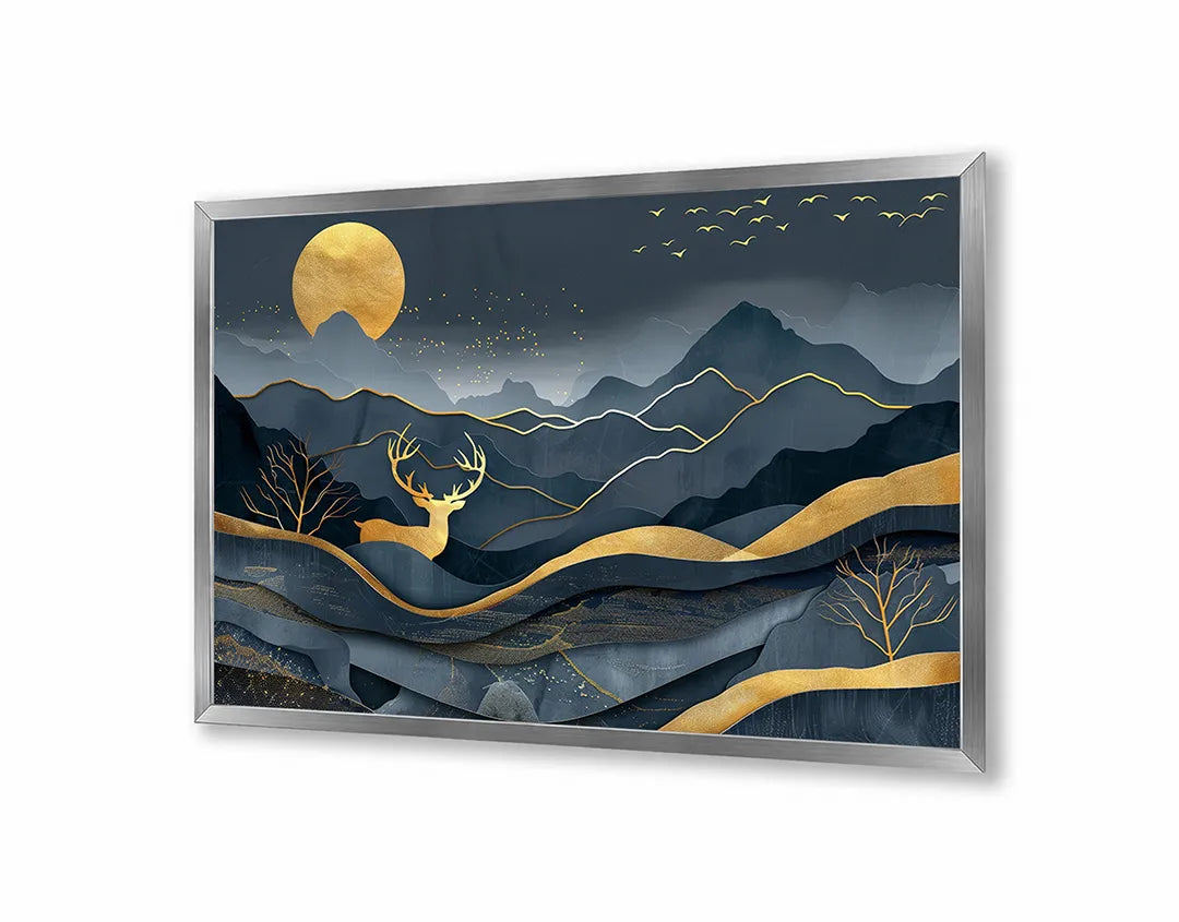 Metalen Magneetbord met hoogwaardige afbeelding van Gouden hert in bergen donkerblauw voor aan de muur