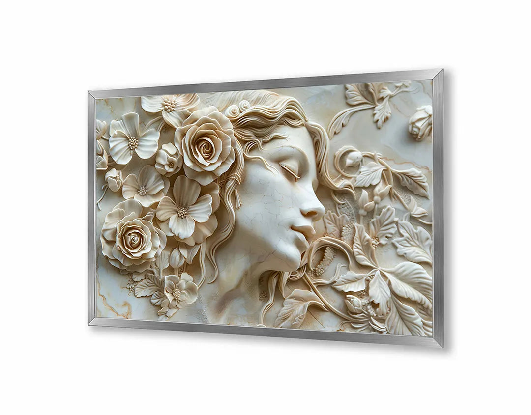 Metalen Magneetbord met hoogwaardige afbeelding van Vrouwengezicht bloemen relief wit voor aan de muur