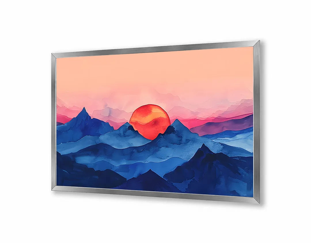 Metalen Magneetbord met hoogwaardige afbeelding van Rode zon over blauwe bergen voor aan de muur