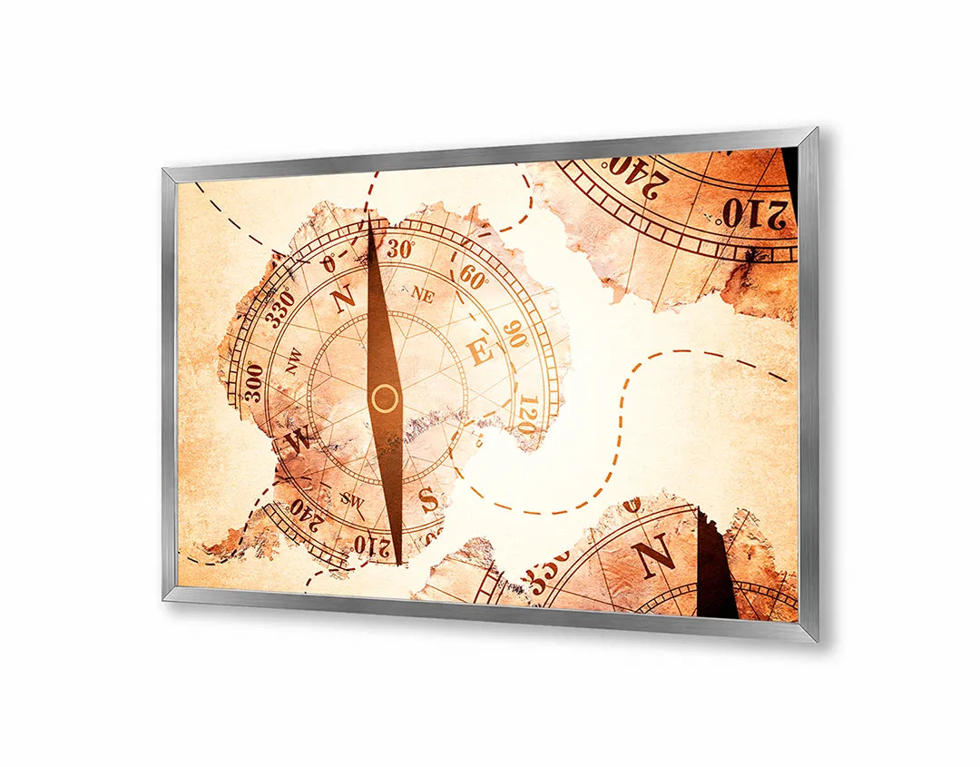 Metalen Magneetbord met afbeelding van antiek kompas met landkaart in warm sepia kleuren