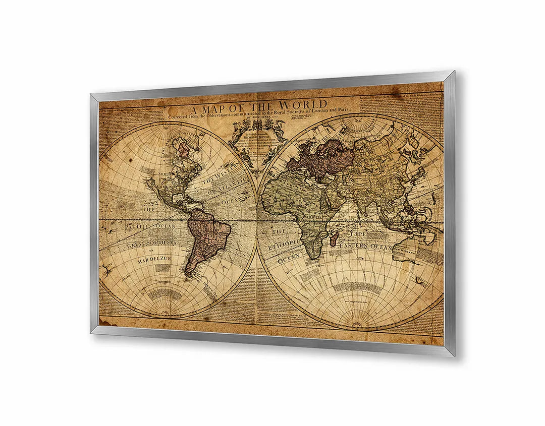 Metalen Magneetbord met afbeelding van donkere vintage wereldkaart in diep bruin kleuren