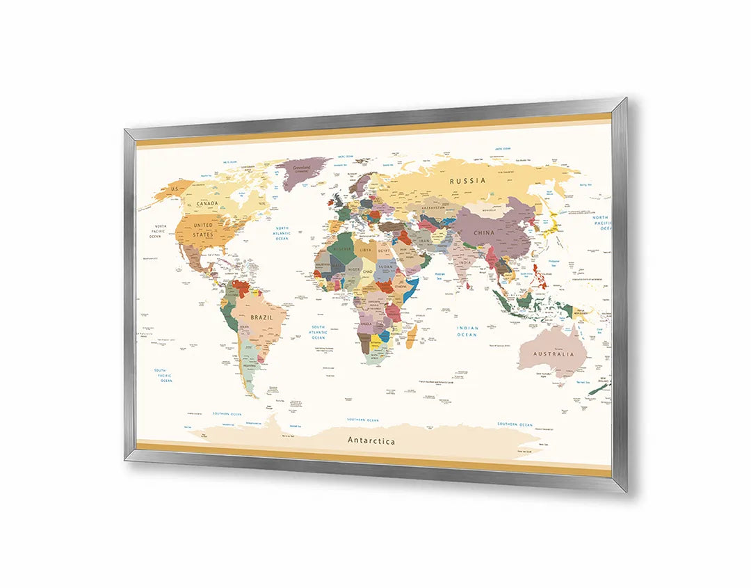 Metalen Magneetbord met afbeelding van wereldkaart met pastel landen in zachte pastelkleuren kleuren