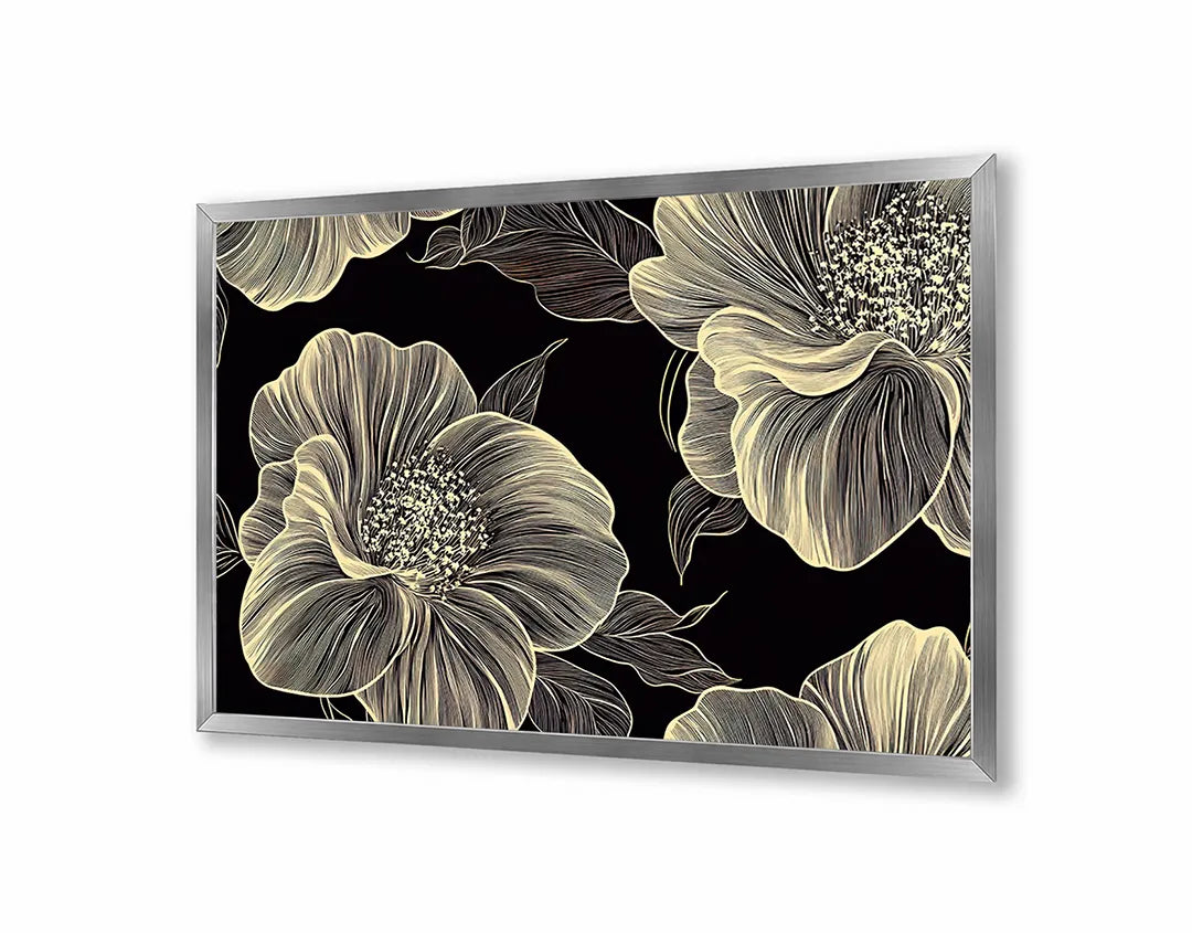Metalen Magneetbord met hoogwaardige afbeelding van Gouden bloemen donkere achtergrond voor aan de muur