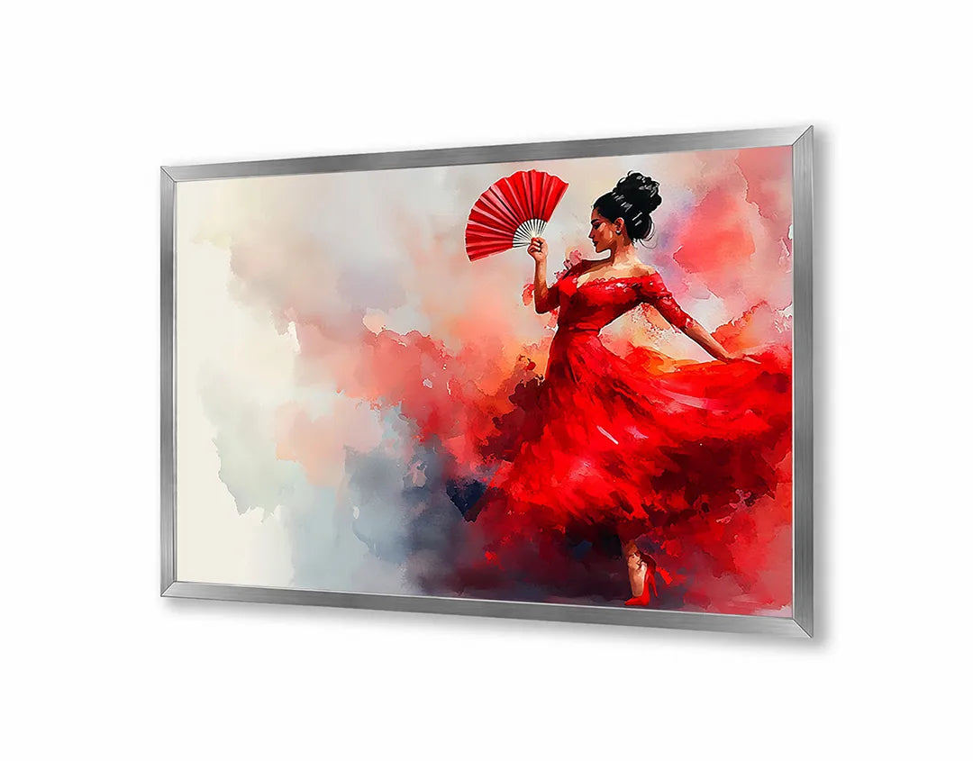 Metalen Magneetbord met hoogwaardige afbeelding van Vrouw in rode jurk dansend voor aan de muur