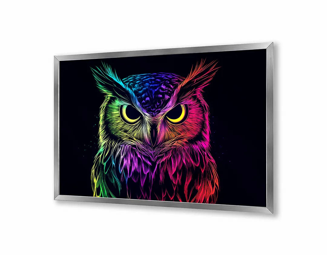 Metalen Magneetbord met hoogwaardige afbeelding van Neon uil zwart voor aan de muur