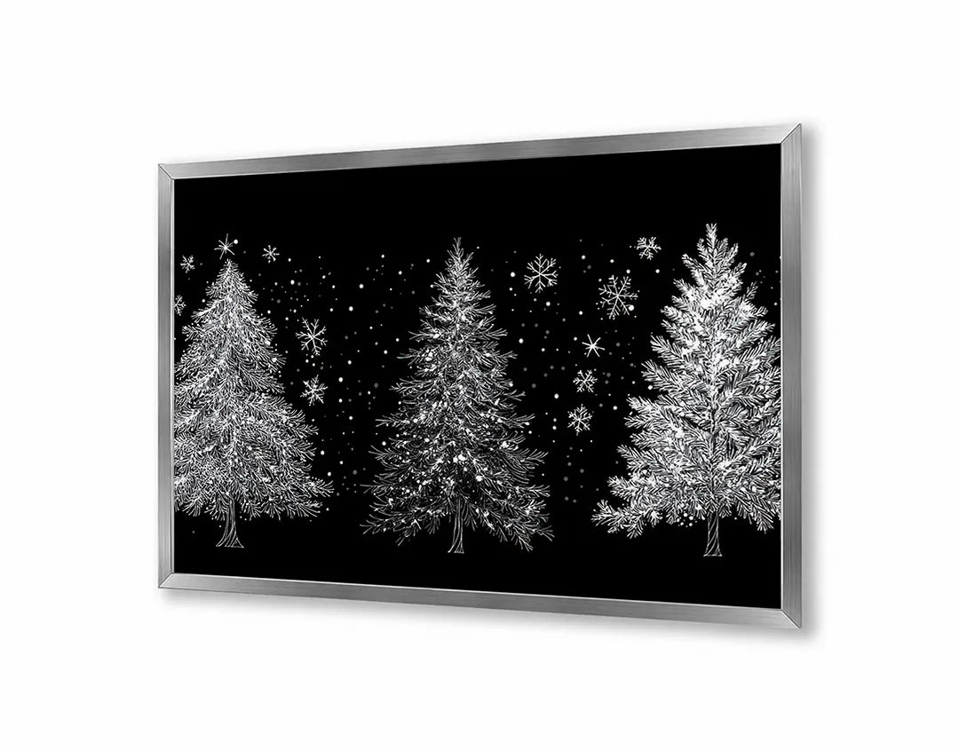 Metalen Magneetbord met hoogwaardige afbeelding van Drie witte kerstbomen zwart voor aan de muur