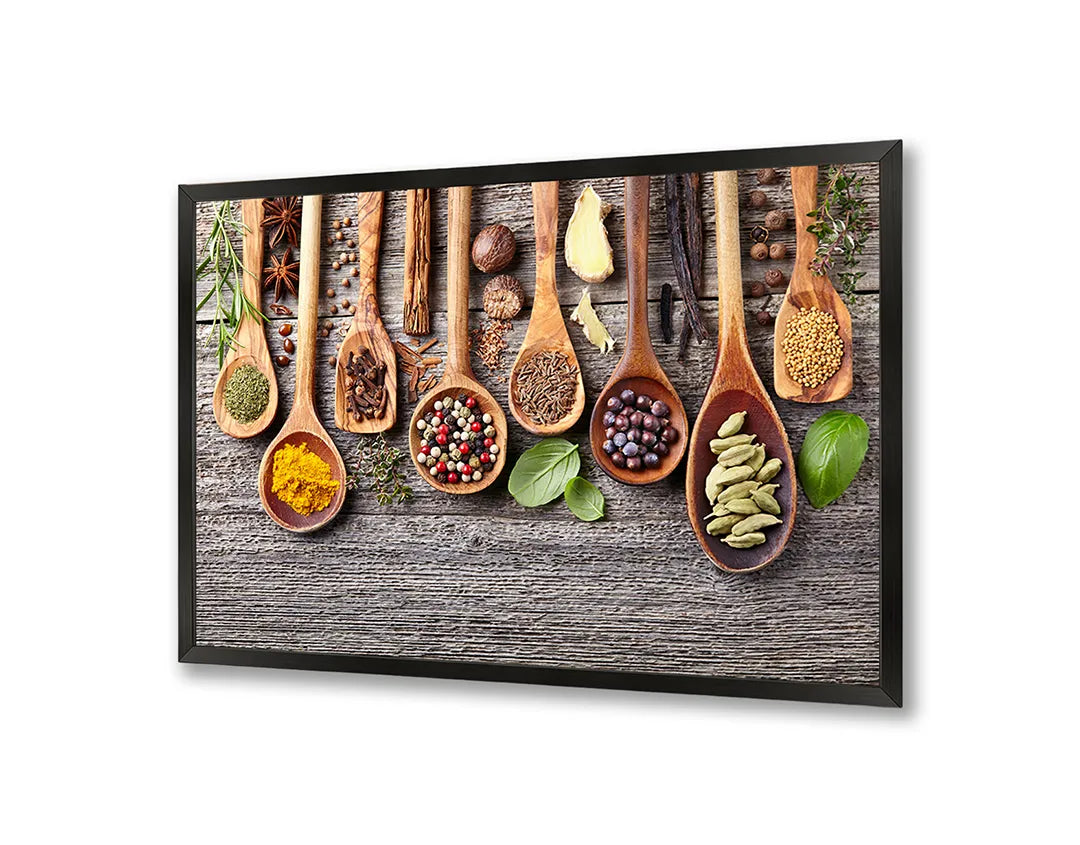 Metalen Magneetbord met afbeelding van rustieke lepels met specerijen in natuurlijk hout kleuren