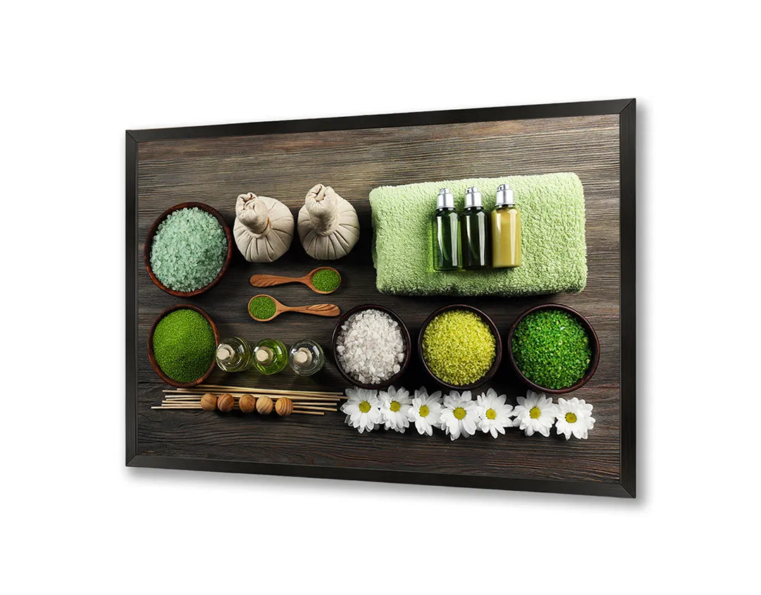 Metalen Magneetbord met afbeelding van spa setting met groene handdoeken en zout in fris groen kleuren