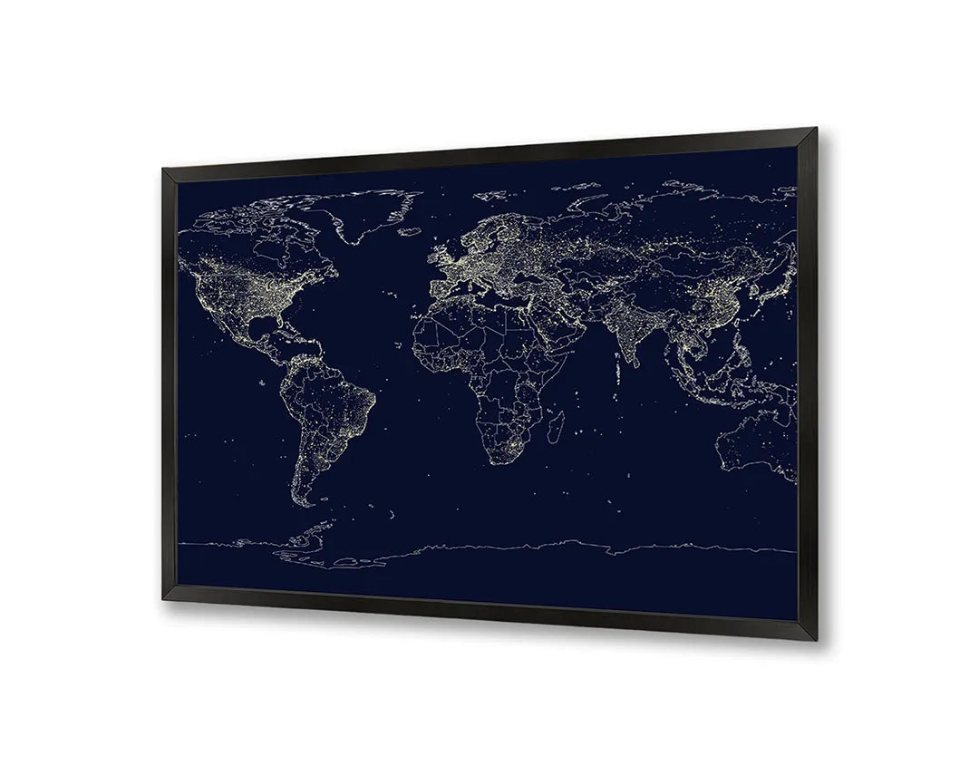 Metalen Magneetbord met afbeelding van lichtgevende wereldkaart netwerk in neon blauw op zwart kleuren