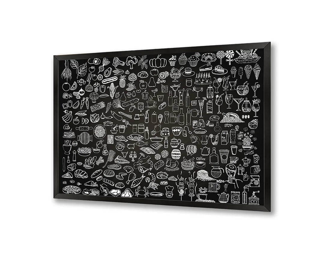 Metalen Magneetbord met afbeelding van krijtbord doodles van eten en drinken in zwart en wit kleuren