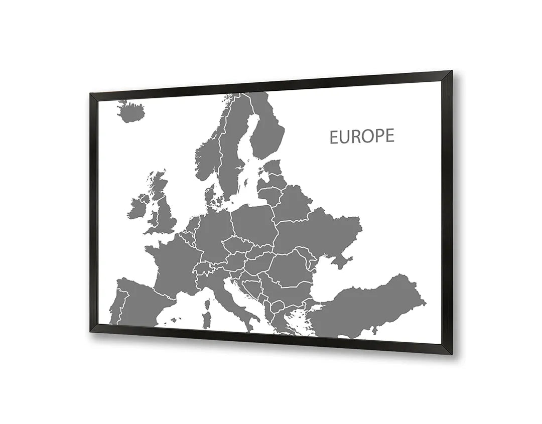 Metalen Magneetbord met afbeelding van grijze Europa landkaart in lichtgrijs kleuren