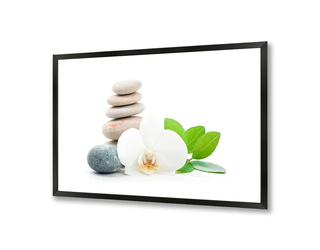 Metalen Magneetbord met afbeelding van zen stenen met orchidee en blad in wit en fris groen kleuren