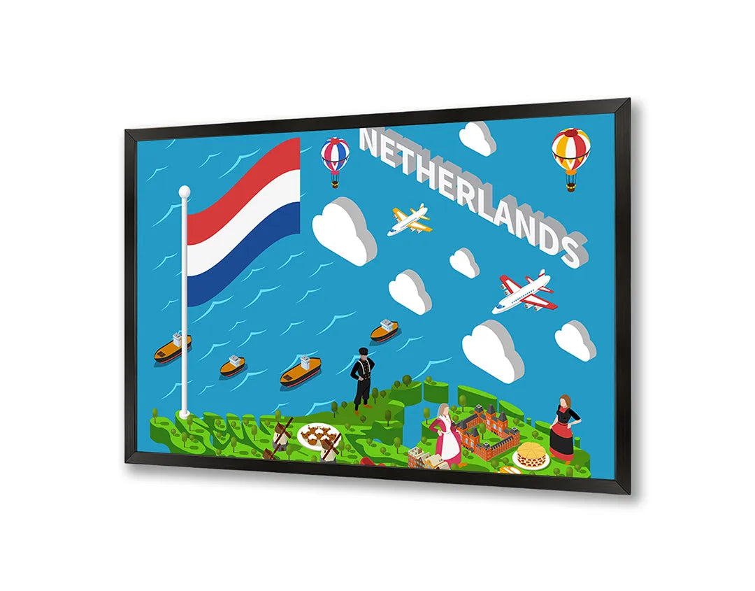 Metalen Magneetbord met afbeelding van Nederlandse iconen illustratie in vrolijke primaire kleuren kleuren