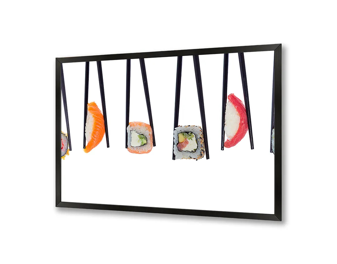 Metalen Magneetbord met afbeelding van hangende sushi stukjes in licht en fris kleuren