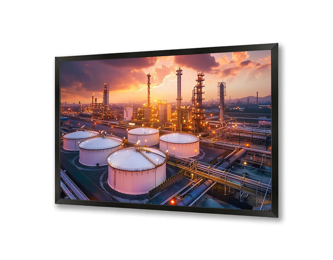 Metalen Magneetbord met hoogwaardige afbeelding van Olieraffinaderij industrie zonsondergang voor aan de muur