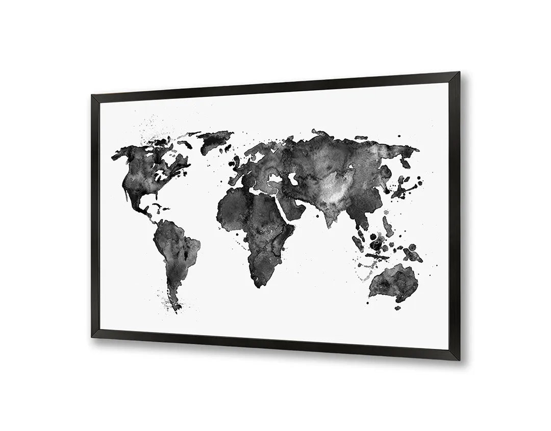 Metalen Magneetbord met afbeelding van wereldkaart in aquarel zwart-wit in zwart-wit kleuren