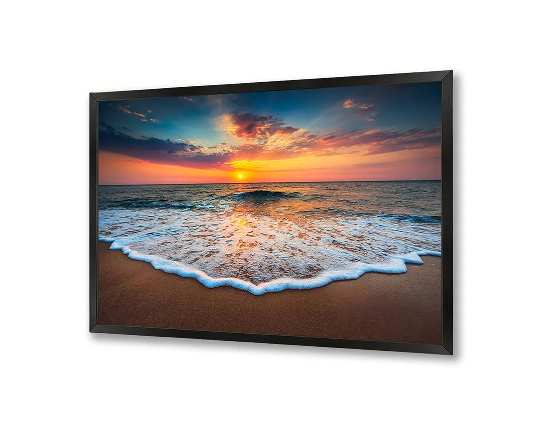 Metalen Magneetbord met afbeelding van zonsondergang over golvend strand in warm oranje en blauw kleuren