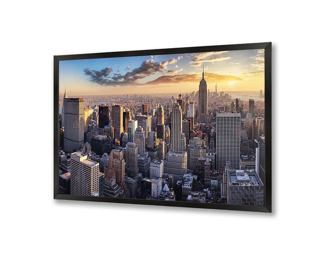 Metalen Magneetbord met afbeelding van New York skyline bij zonsondergang in goud en stadsblauw kleuren